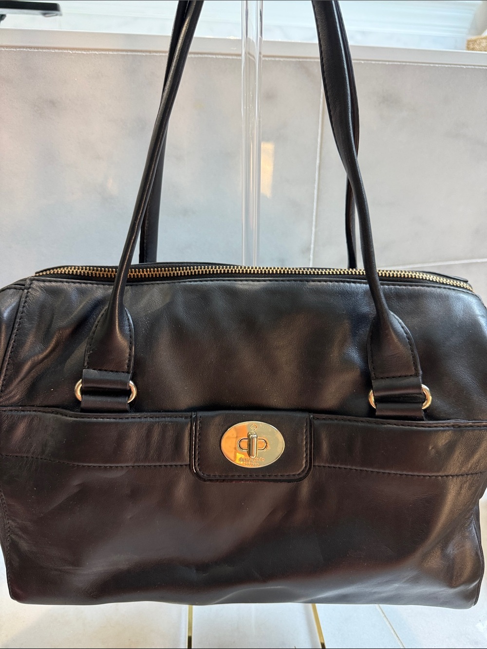 Kate spade Classic Black Leather Tote Bag with Gold Hardware
